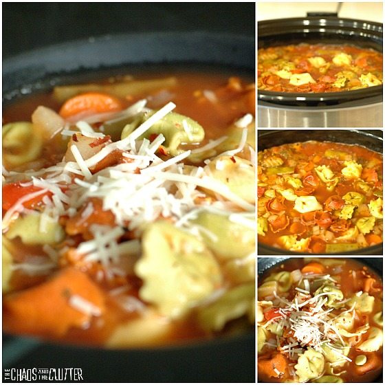 collage of tortellini soup in a crock pot and topped with cheese