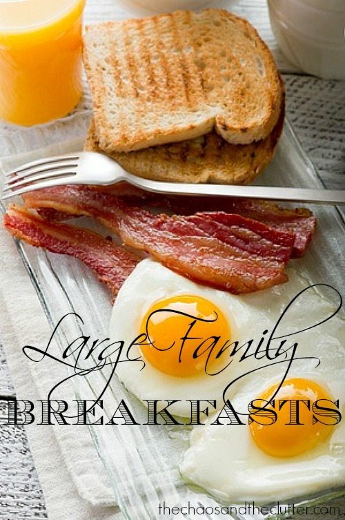 plate with toast, bacon and eggs, with wording at the bottom that says "large family breakfasts"