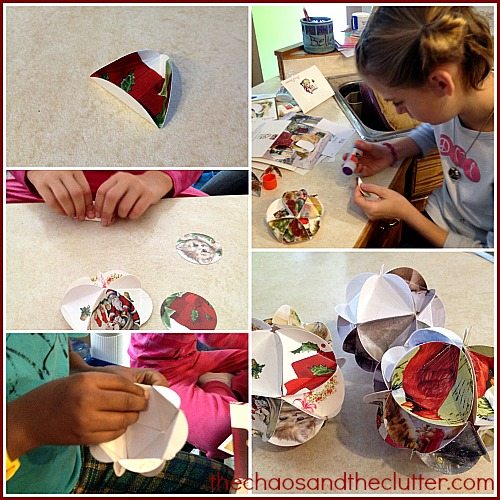 making Christmas card ornaments by folding greeting cards