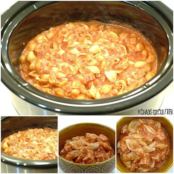 collage of pizza casserole in the crockpot and in bowls
