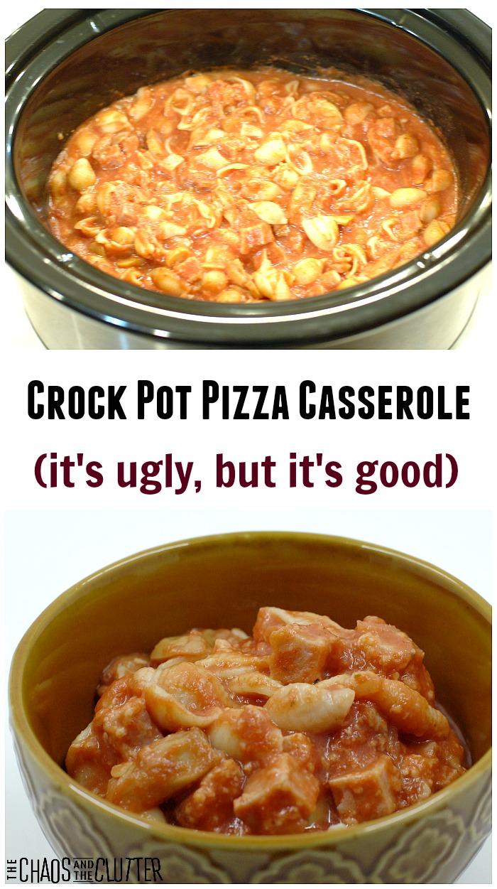 Crock Pot Freezer Meal Pizza Casserole...it's ugly but kids love it! #freezermeals #crockpotpizza #pizzacasserole