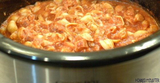 close up of pizza casserole in a slow cooker