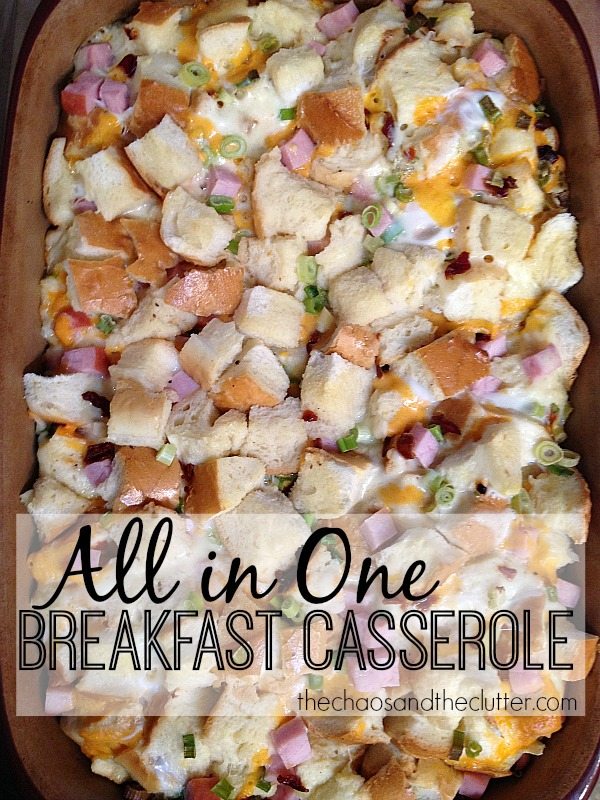 All in One Make Ahead Breakfast Casserole with bread and cheese on top