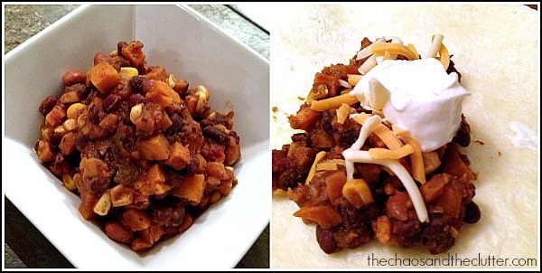 Collage of slow cooker mixed bean casserole in a bowl and in a wrap