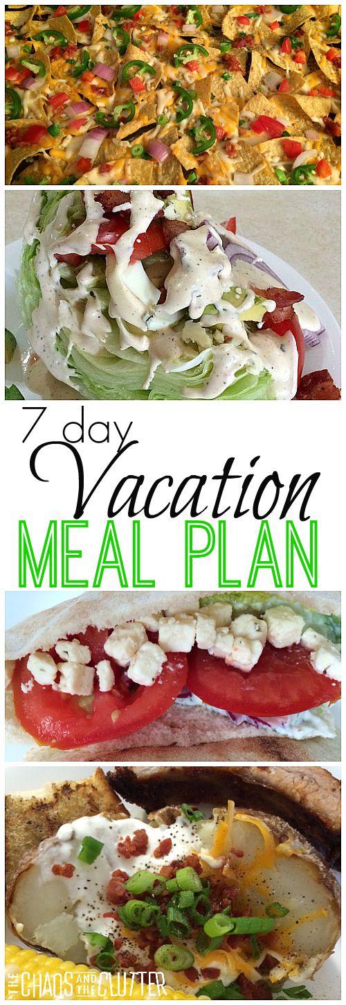 Planning out meals ahead of time saves time and money. This 7 day family vacation meal plan includes ideas for breakfasts, lunches, suppers, and snacks. 