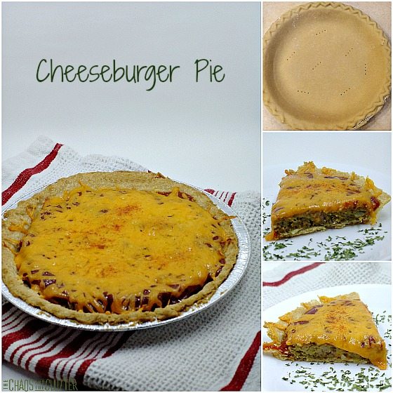 collage of cheeseburger pie, the crust and finished pie, as well as pieces cut and ready to serve