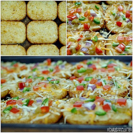 collage of Hash Brown Breakfast Nachos, topped with peppers and cheese