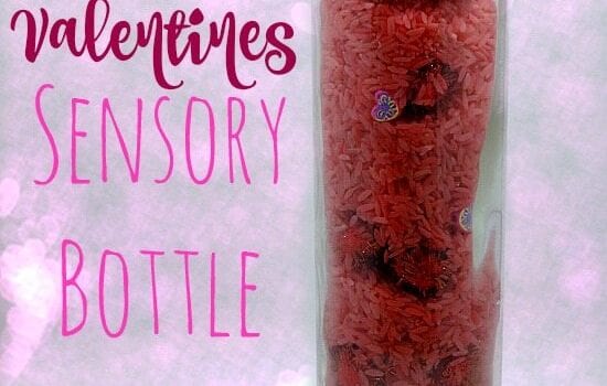 The contents of this Valentines sensory bottle can later be used to create the base of a Valentine's Day sensory bin.