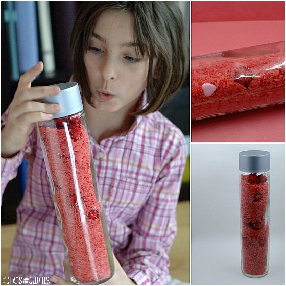 Valentines Sensory Bottle whose contents can be turned into a Valentines sensory bin.