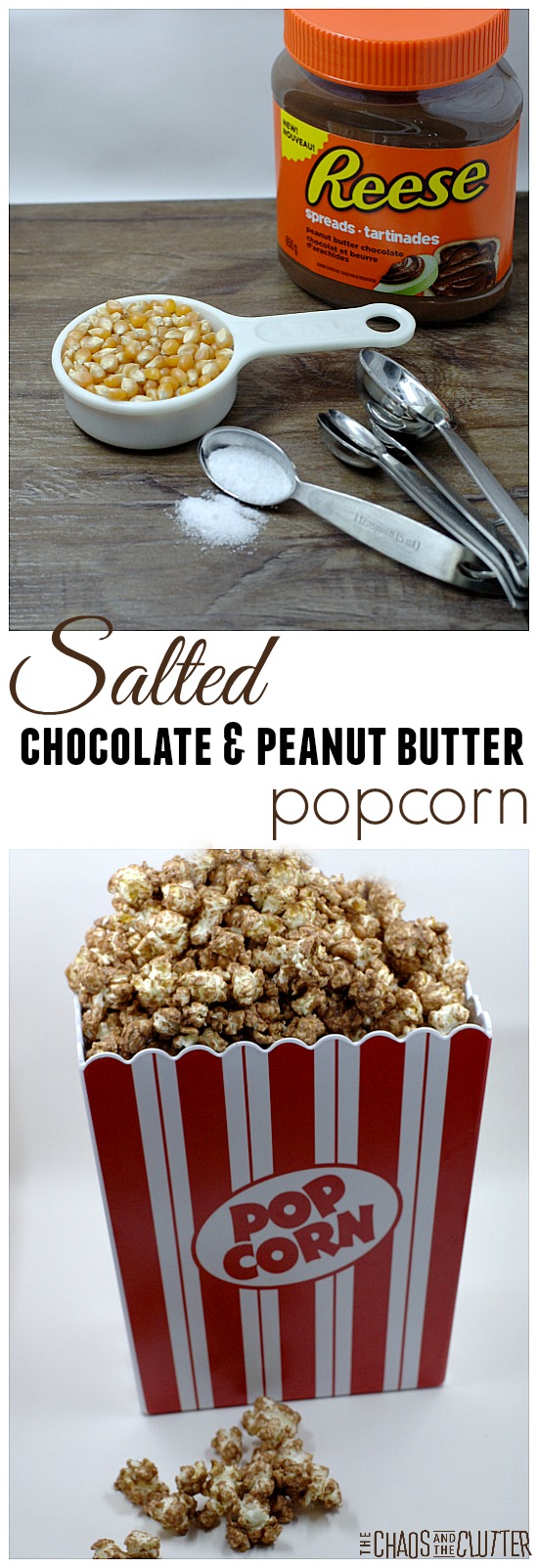 This salted chocolate and peanut butter popcorn is A-Mazing and only has 3 ingredients! (plus it's gluten free)