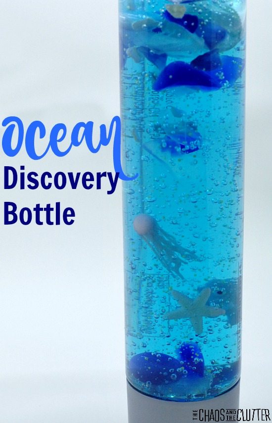 Ocean Discovery Bottle that keeps items suspended including the glow in the dark jellyfish and starfish