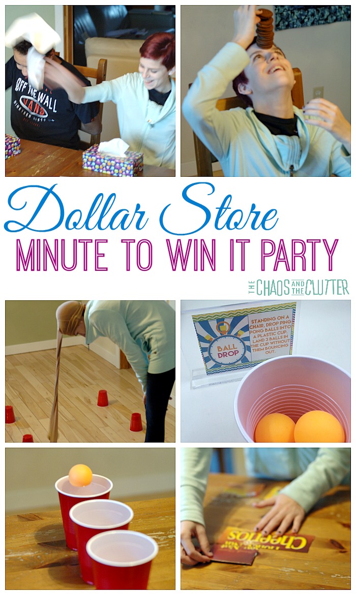 Dollar Store Minute to Win It Party - so much fun for a family fun night, party, holiday gathering, New Year's Eve, or youth group event.