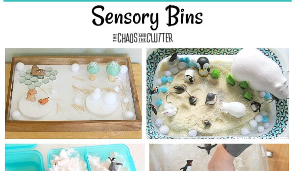 a collage of different winter themed sensory bins and the words "Winter Sensory Bins"