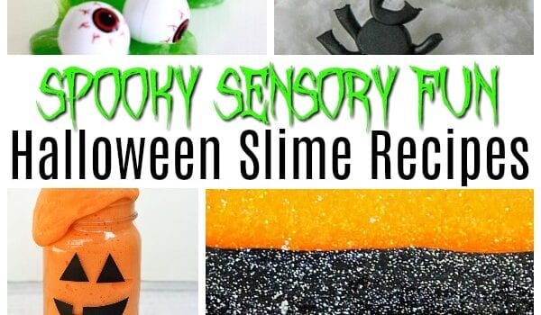 The image contains a collage of 6 different types of Halloween themed slime including orange and black glitter striped slime, pumpkin slime in a jar, candy cane slime, green slime with eyeballs, and spider web slime. The words "Spooky Sensory Fun Halloween Slime Recipes" are near the middle of the image.