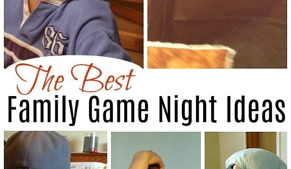 The image contains a collage of 5 photos and the words "the best family game night ideas". The pictures include a boy with his nose and mouth covered in flour sitting over a plate of flour, a boy with a stack of Oreo type cookies stacked on his forehead, a girl wearing a light green shirt with a pair of panty hose on her head with a tennis ball in the end of each as she swings her head from side to side trying to knock over red cups on the floor, a smiling blue eyed girl holding a paper bag between her teeth, and a curly haired boy with an Oreo on one of his eyes.