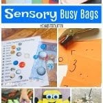 A collage of 7 photos and the words "Sensory Busy Bags". The photos include a blue, yellow, and black Minion made of felt, nuts and bolts with wooden blocks, multicoloured sponges being stacked by a small hand, a hole punch and orange cards, a solar system sensory bag with a printable sheet of the planets, a girl's hands sewing yarn into a paper plate, and multiple colours of textured cards