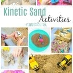 a collage of photos demonstrating different activities using kinetic sand including stamping, stacking, shaping, and building. The words "kinetic sand activities" are on the image.