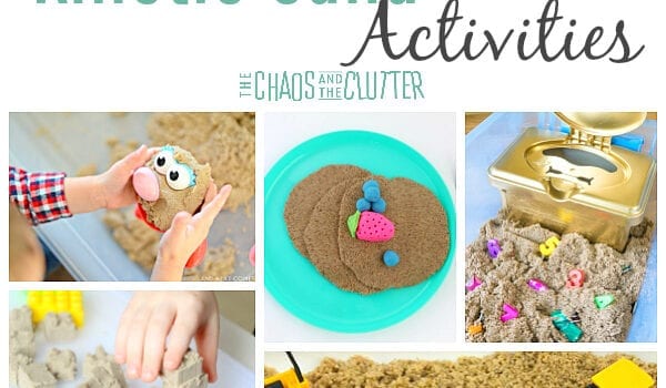 a collage of photos demonstrating different activities using kinetic sand including stamping, stacking, shaping, and building. The words "kinetic sand activities" are on the image.