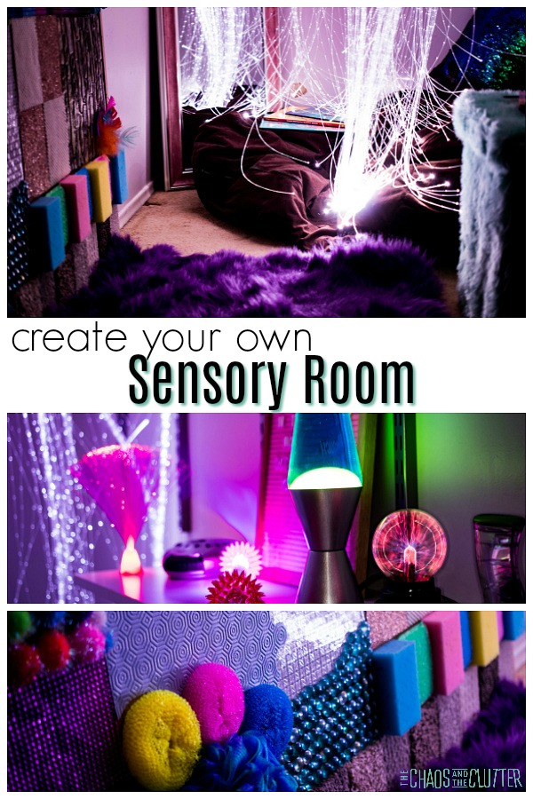 The image contains three images on top of each other with the words "create your own sensory room" on a white space under the first image. The top image shows white fibre optic lights hanging down over a brown bean bag chair. There are 3 children's books and a mermaid pillow on the bean bag chair. A mirror is seen in the background. In the second image, a blue and green lava lamp, a pink fibre optic display, a silver sound machine, and a glow in the dark wand sit on a white shelf. In the bottom image, a sensory wall with a variety of colours and textures is visible. 