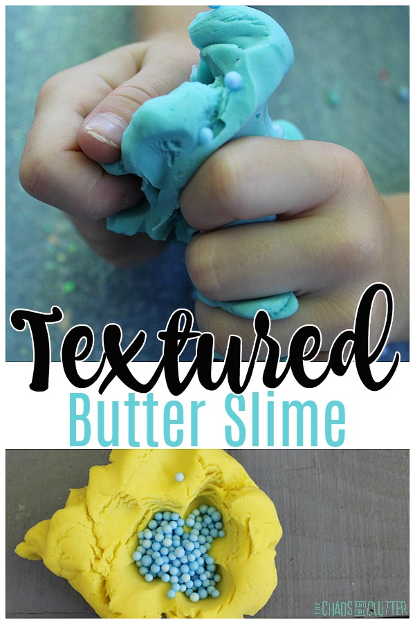 little hands squeezing blue dough and yellow dough with blue foam bits are visible underneath. The text reads "Textured Butter Slime"