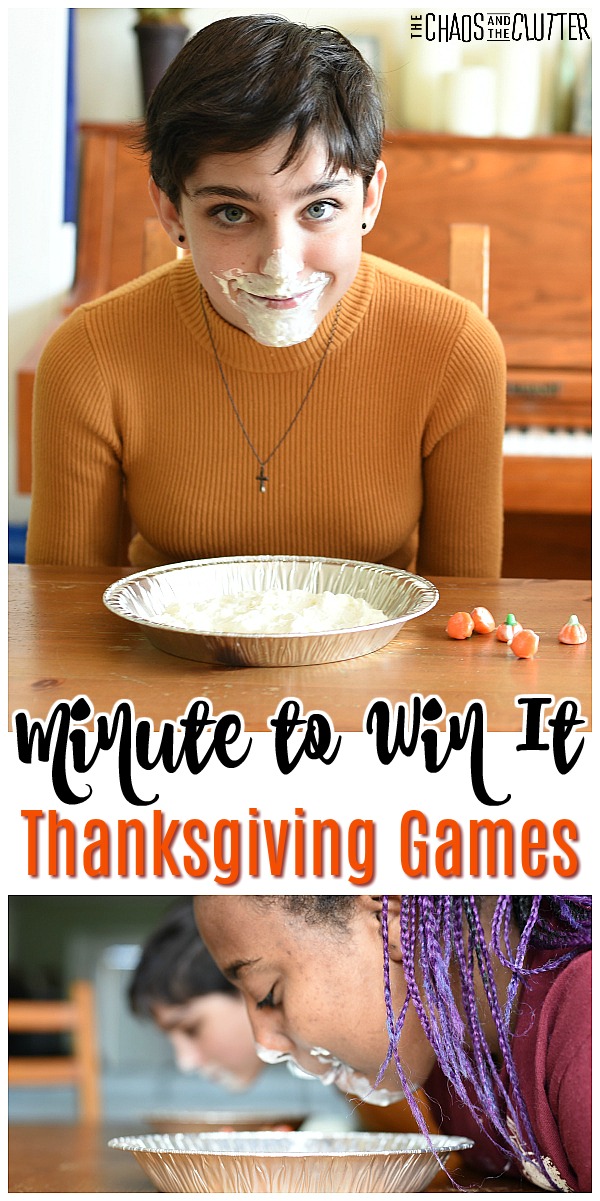 girl in brown sweater with white whipping cream on her face in front of pie plate and candy pumpkins. Text reads "Minute to Win It Thanksgiving Games"