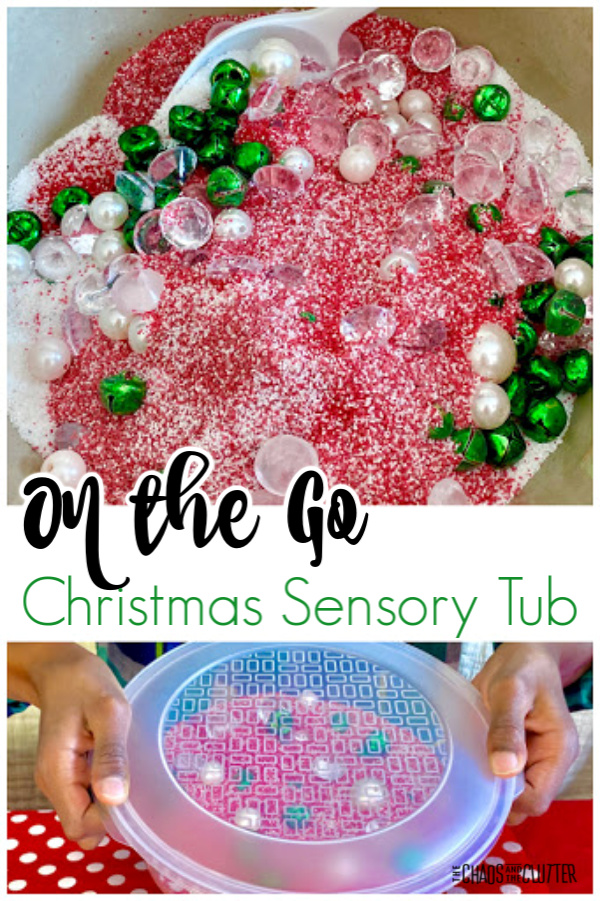 red and white sand with green jingle bells and clear gems with text "On the Go Christmas Sensory Tub"