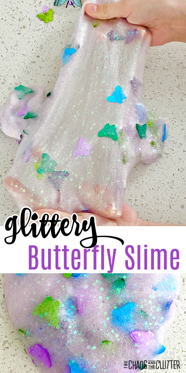 stretched out clear slime with specks and multicoloured butterflies with text that reads "Glittery Butterfly Slime"