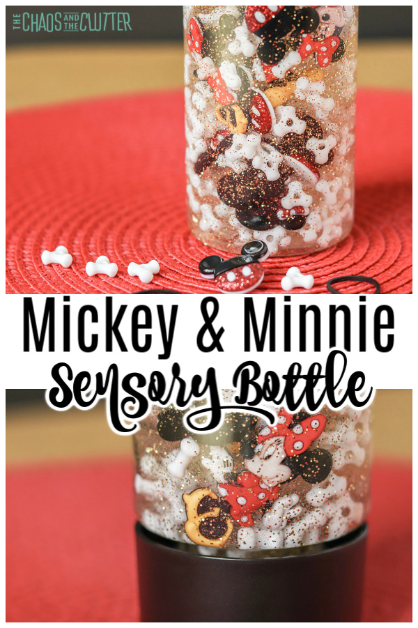 clear bottle filled with liquid, gold glitter, white beads, and Disney figures on red background with text reading "Mickey and Minnie Sensory Bottle"