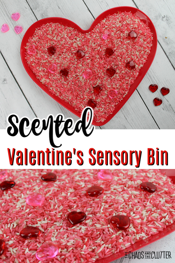 red heart shaped tray with pink, white and red rice and pink and red plastic hearts and text that reads "Scented Valentine's Sensory Bin"