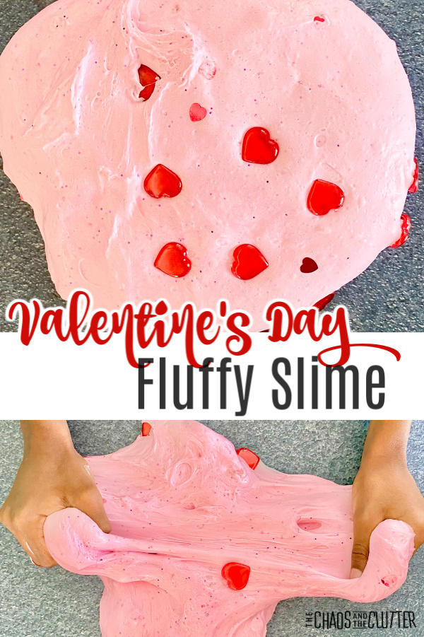 puffy pink slime with red hearts. Text reads "Valentine's Day Fluffy Slime"