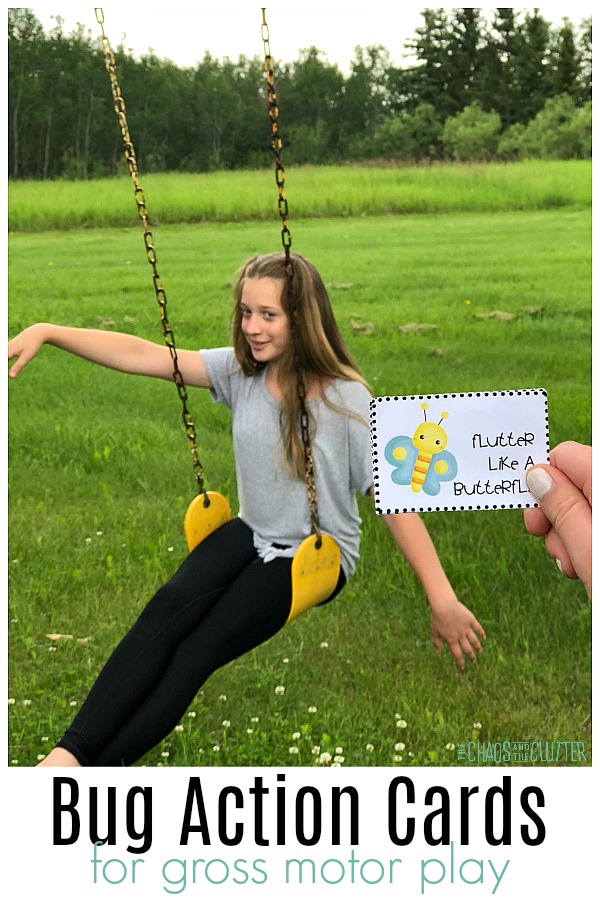 girl in swing with arms outstretched. Text reads "Bug Action Cards for gross motor play"