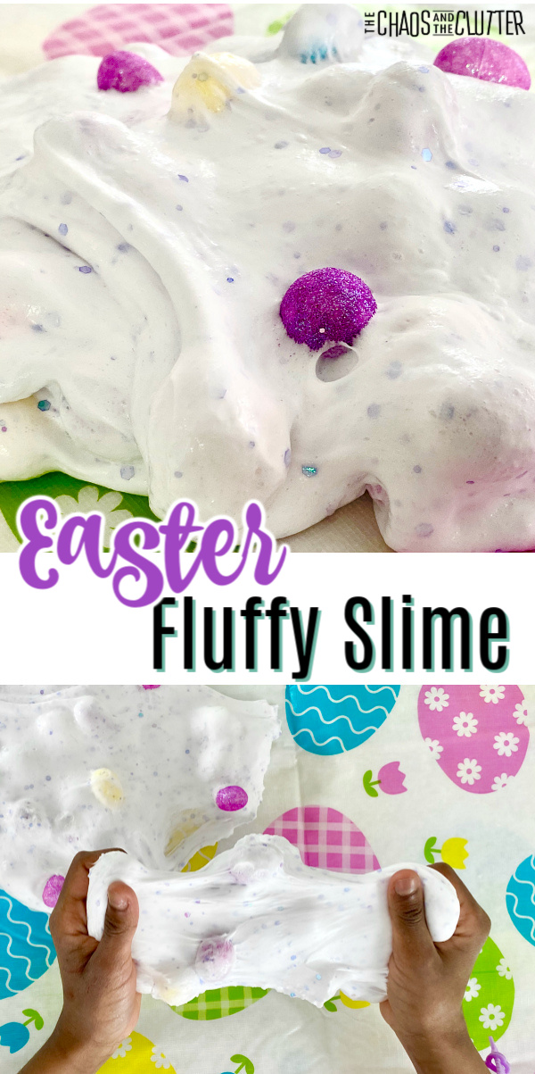 white puffy goo with small colourful eggs. Text reads "Easter fluffy slime"