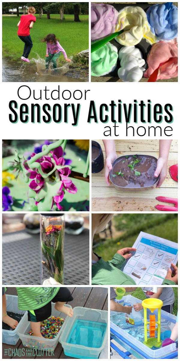collage of images of kids playing. Text reads "Outdoor Sensory Activities at home"