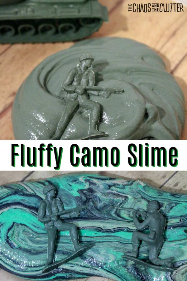toy soldier in army green slime pile. Text reads "Fluffy Camo Slime"