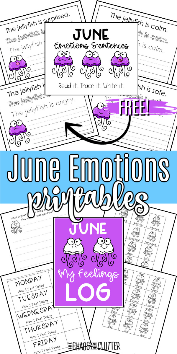 collage of printed worksheets. Text reads "FREE June Emotions printables"
