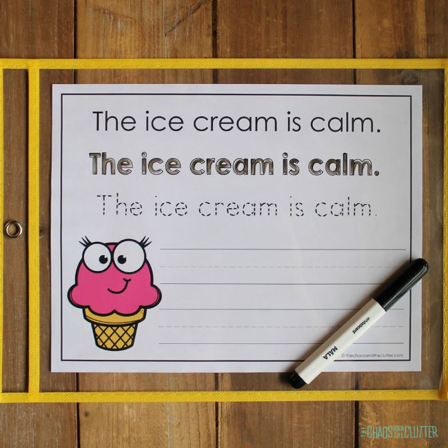 paper to print "The ice cream is calm" with a marker nearby