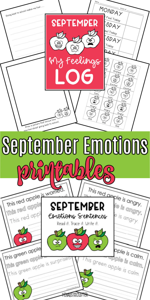 a collage of printed apple themed emotion pages for kids to fill in. The text reads "September Emotions printables"