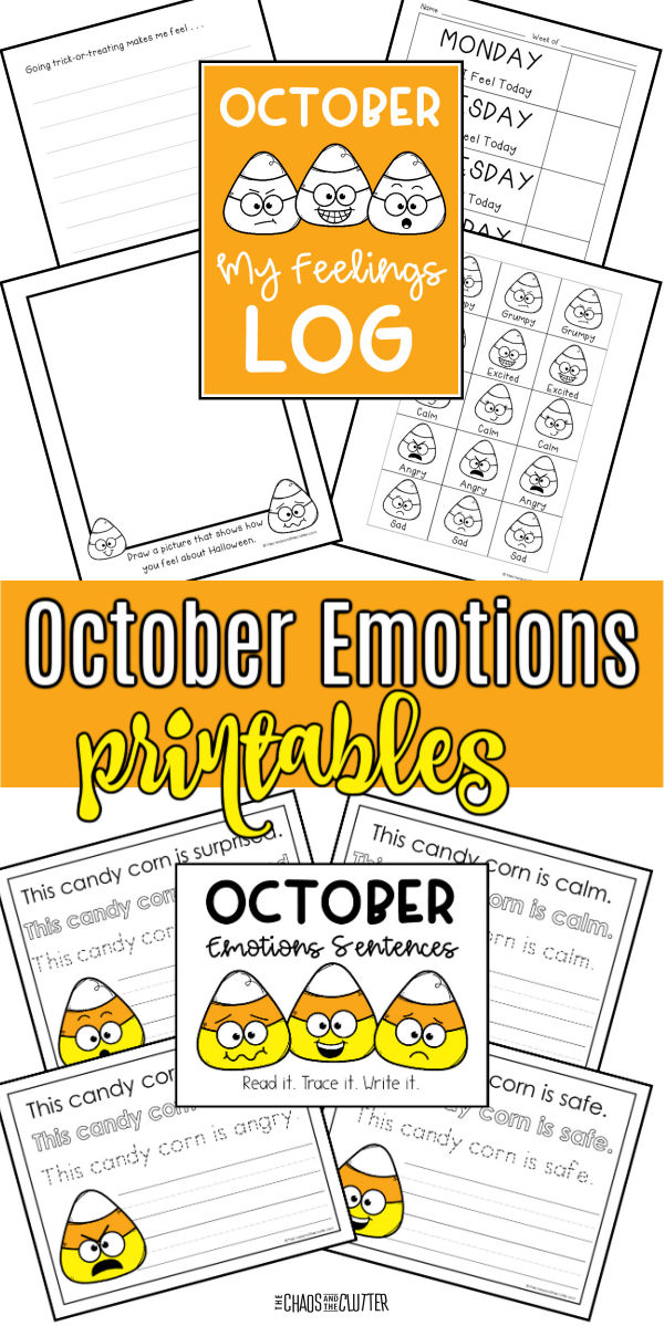 collage of printed pages with candy corn theme. Text reads "October Emotions printables"