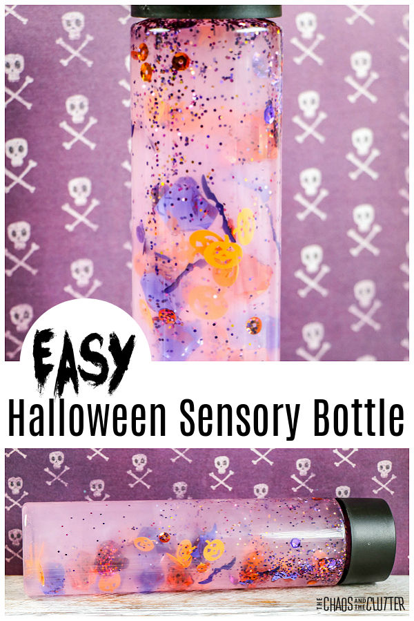 bottle filled with liquid and floating orange and purple items. Text reads "Easy Halloween Sensory Bottle"