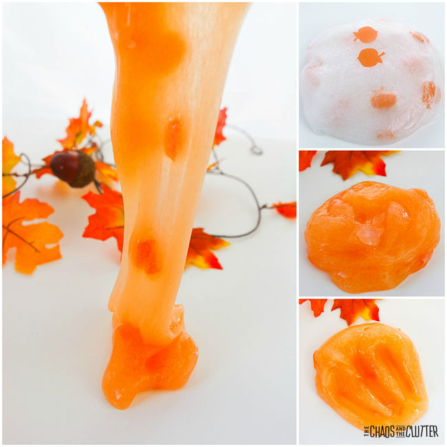 collage of photos of pumpkin slime stretched and in clumps