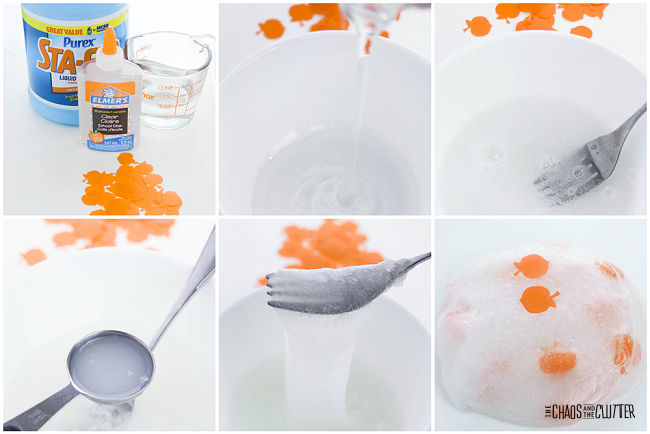 collage showing clear slime with orange pumpkin confetti being made