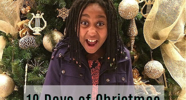 excited girl in purple coat stands in front of a decorated Christmas tree. Text "12 Days of Christmas Giveaways"