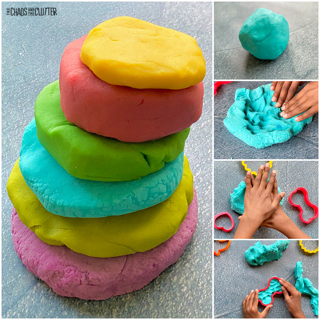 collage of photos of child playing with playdough