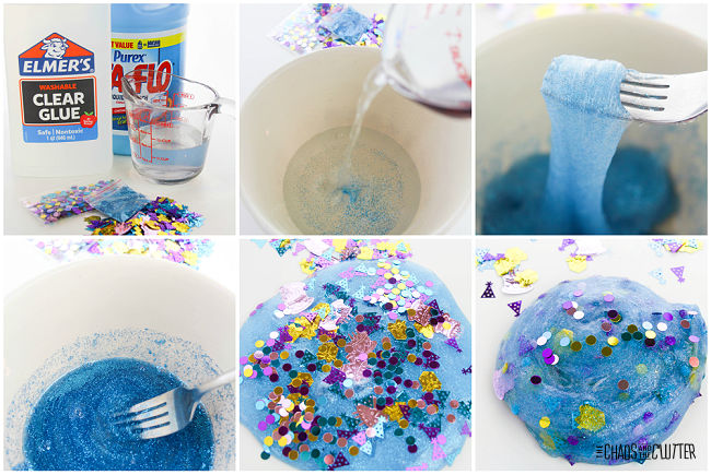 collage of photos of making blue celebration slime