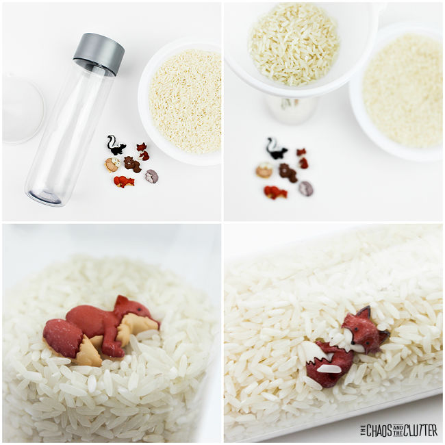 four photos of the process of putting rice and small animal buttons in a sensory bottle