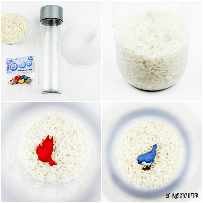 collage of photos of making a sensory bottle with white rice and bird buttons