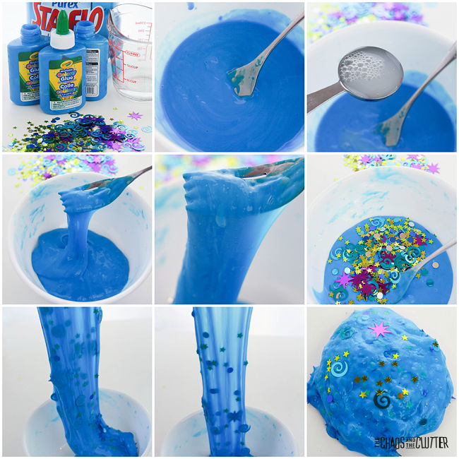 collage of photos showing the process of making blue slime with added confetti