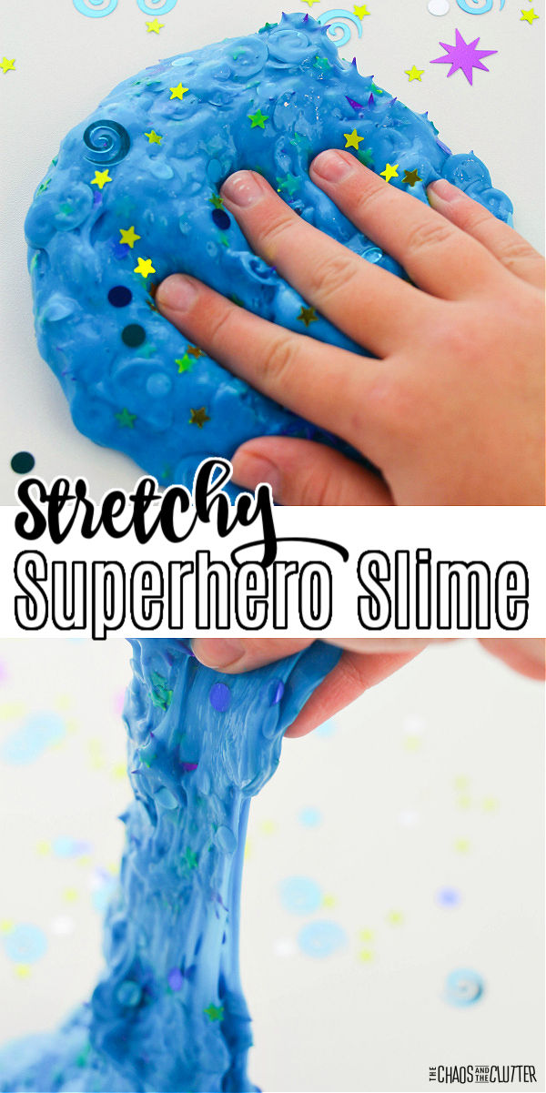 child's hand presses down on blue slime. Text reads "Stretchy Superhero Slime"