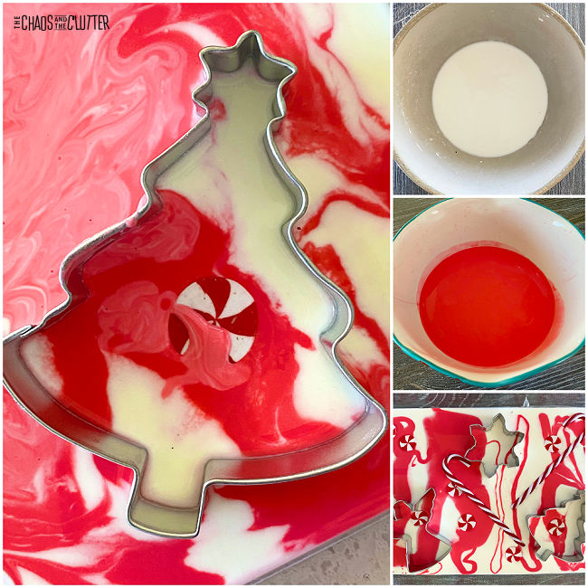 collage of photos of red and white oobleck and a Christmas tree shaped cookie cutter