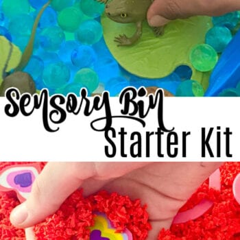 green and blue water beads and toy frogs on top. Red filler and heart shaped erasers on the bottom.